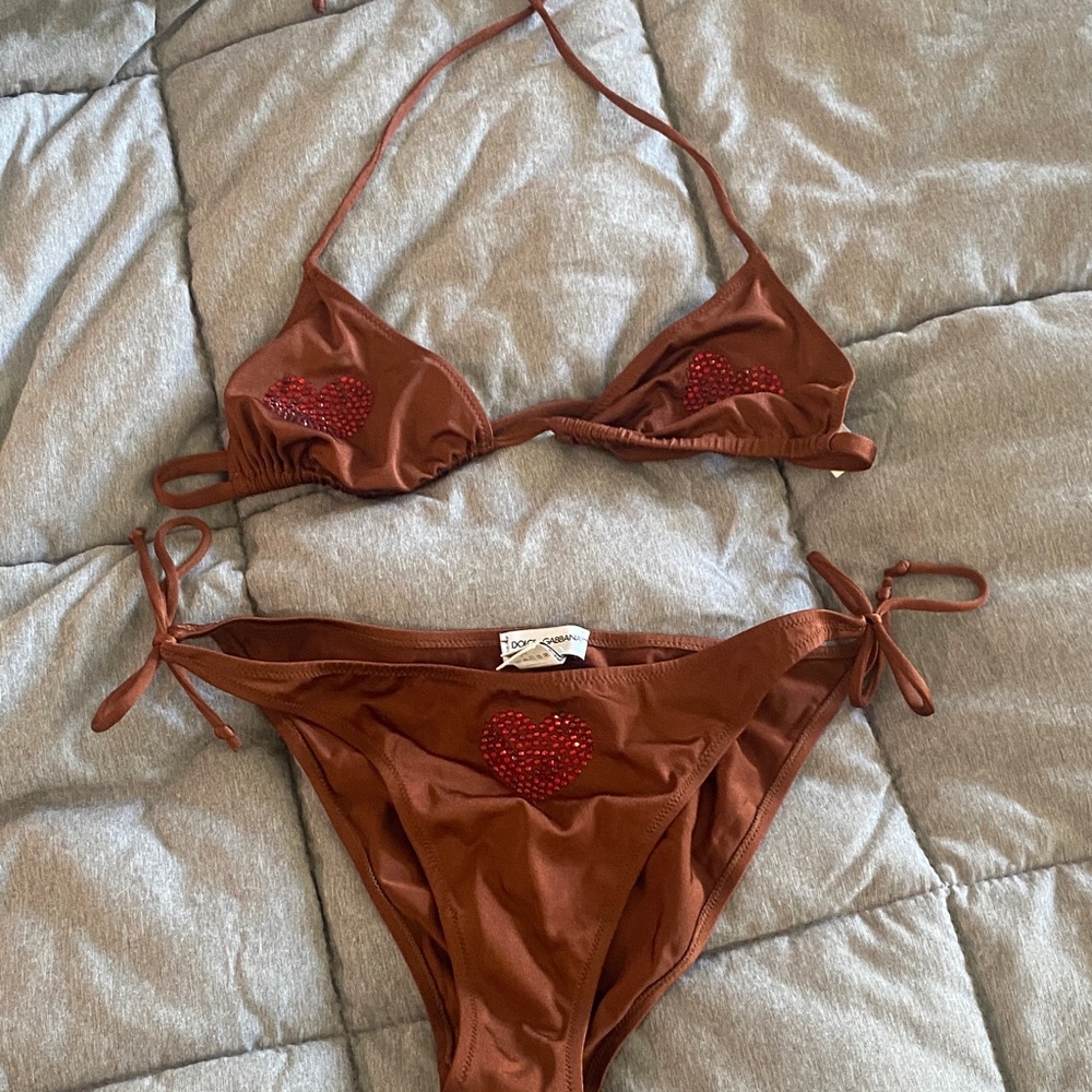 Dolce&Gabbana Brown Bikini with Red Heart Accents
